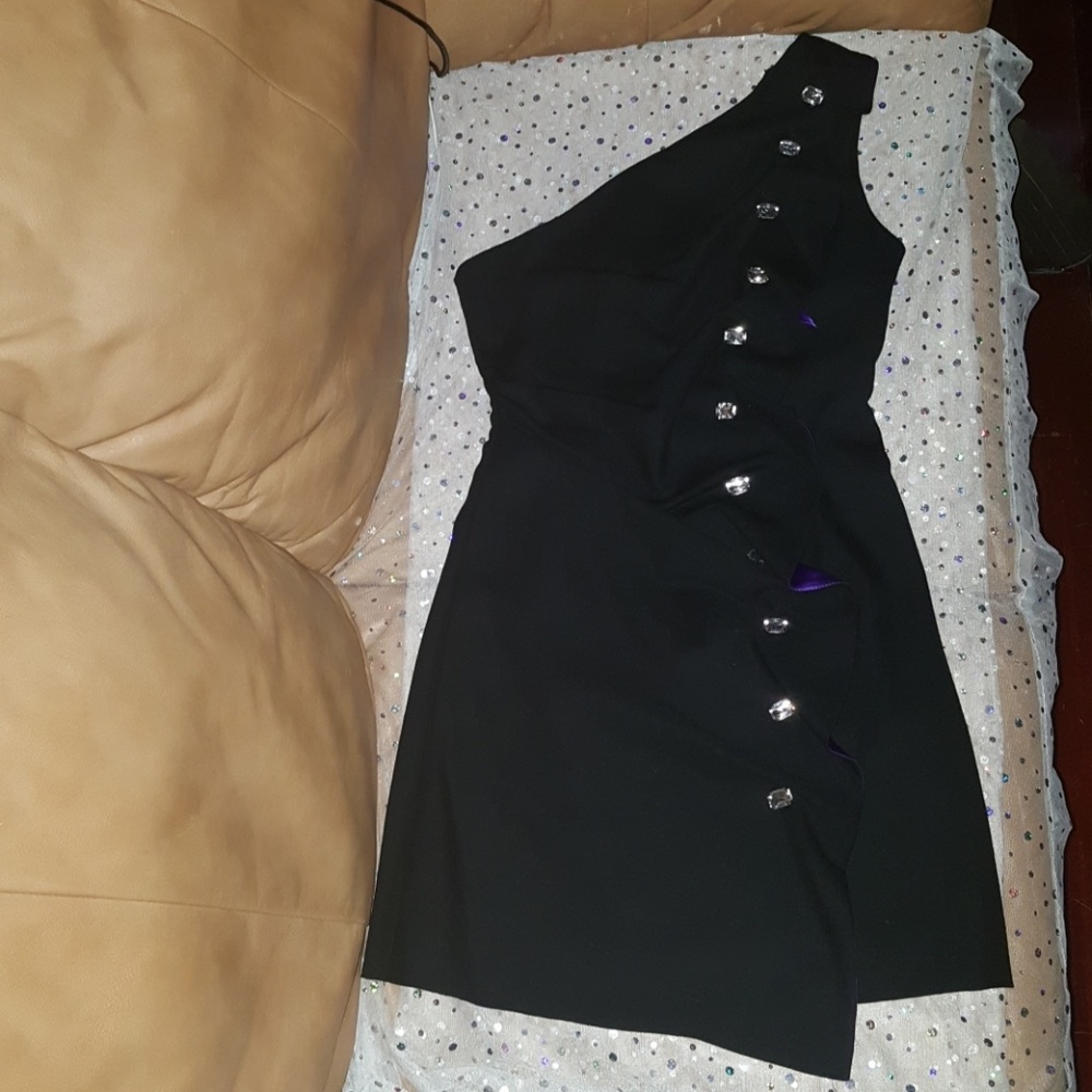 One shoulder black & violet dress w| gem accents